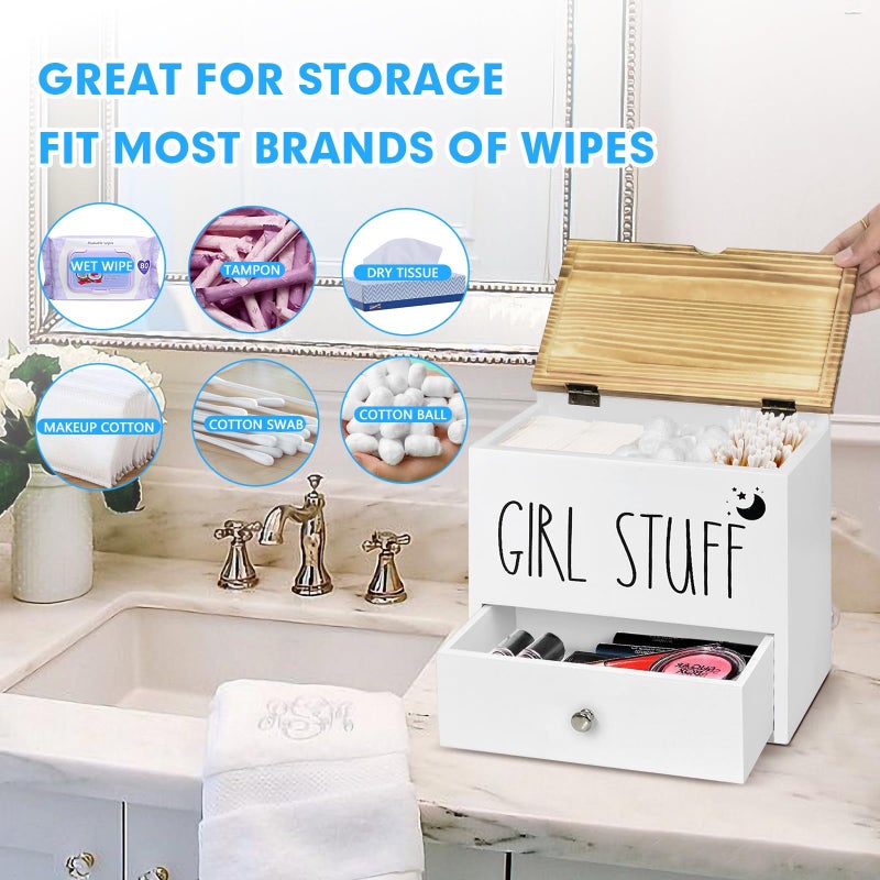 Ukonvi Tampon Holder for Bathroom Decor and Storage  Wood Feminine Product Organizer with Drawer and Lid  Pad and Tampon Organizer Bathroom Accessories Box for Tampon Storage  White Cotton Ball/Swab Holder - Image 4